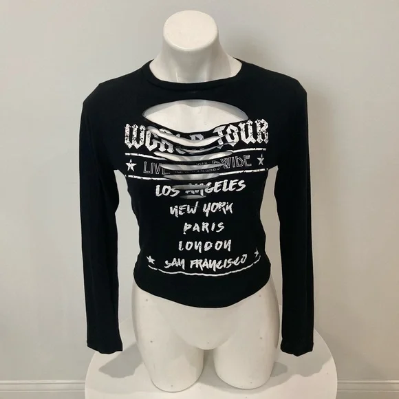 NEW Fashion Nova World Tour LA NY London Paris🌆 Black Laser Cut T Shirt L - Picture 15 of 16